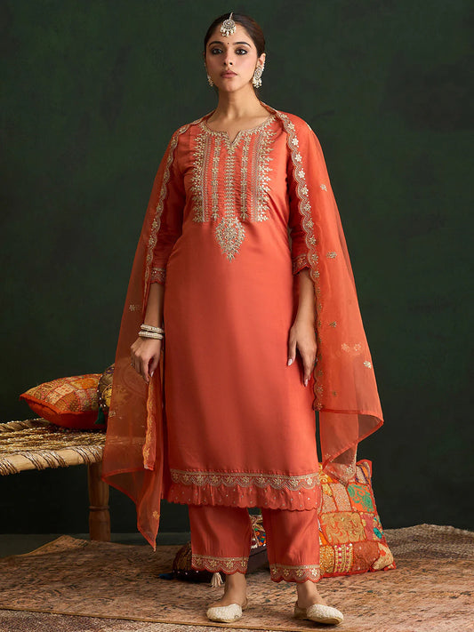 Rust Embroidered Straight Kurta Trousers With Dupatta set