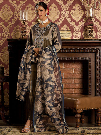 Indo Era Blue Embroidered Straight Kurta Trousers With Dupatta set