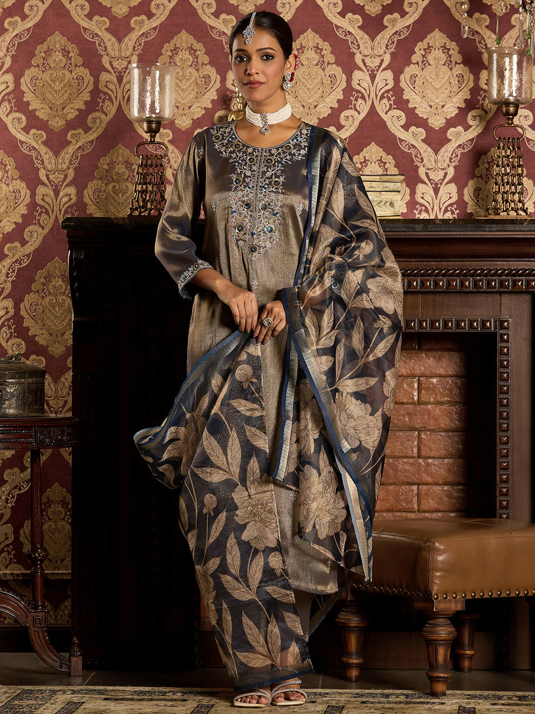 Indo Era Blue Embroidered Straight Kurta Trousers With Dupatta set