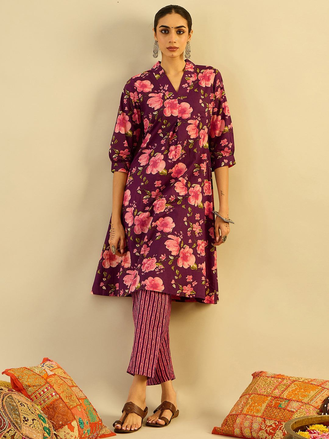 Indo Era Burgundy Printed A-Line Kurta Trousers Set