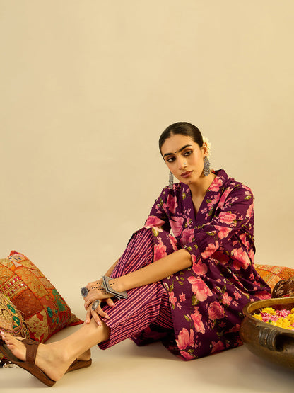 Indo Era Burgundy Printed A-Line Kurta Trousers Set