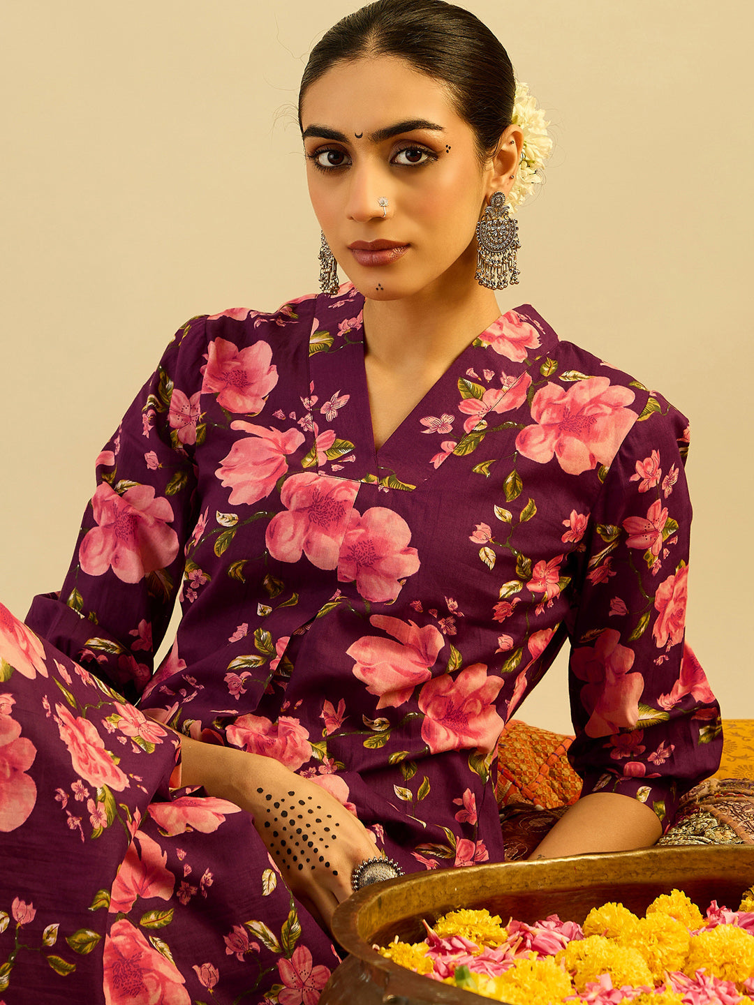 Indo Era Burgundy Printed A-Line Kurta Trousers Set