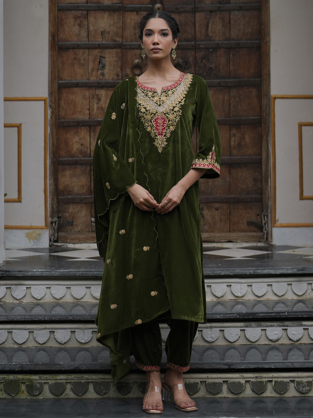 Indo Era Green Embroidered Straight Kurta Trousers With Dupatta set