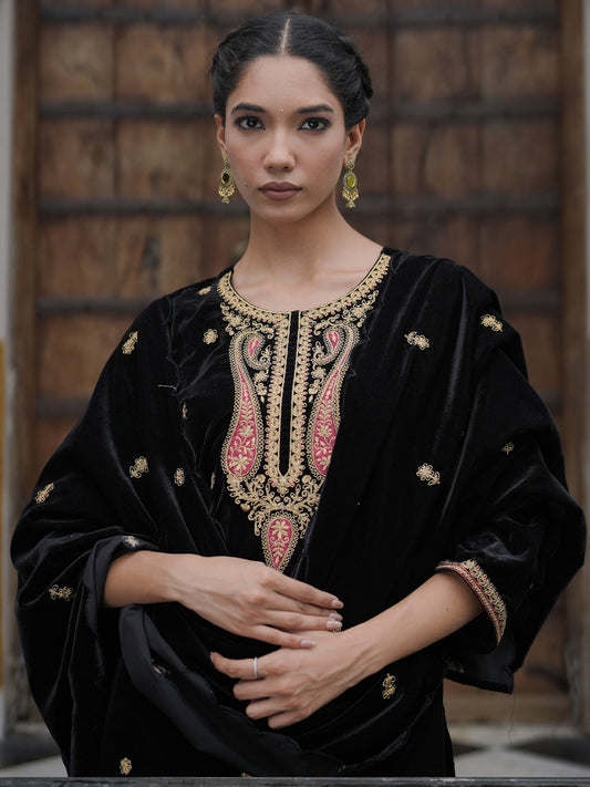 Indo Era Black Embroidered Straight Kurta Trousers With Dupatta set