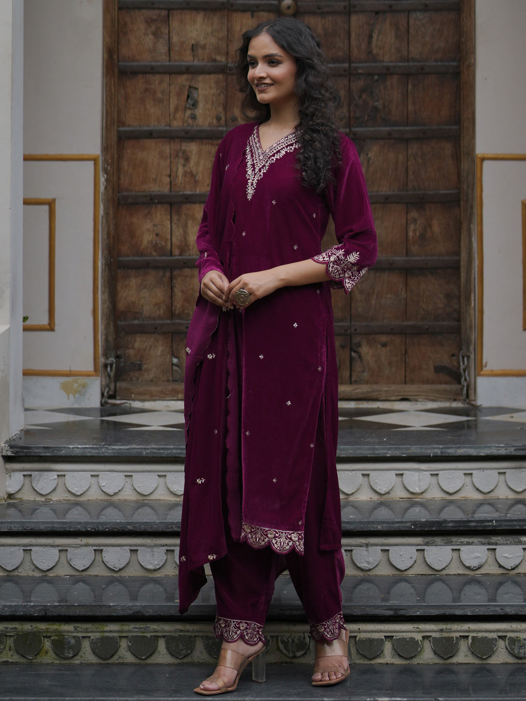Indo Era Burgundy Embroidered Straight Kurta Trousers With Dupatta Set