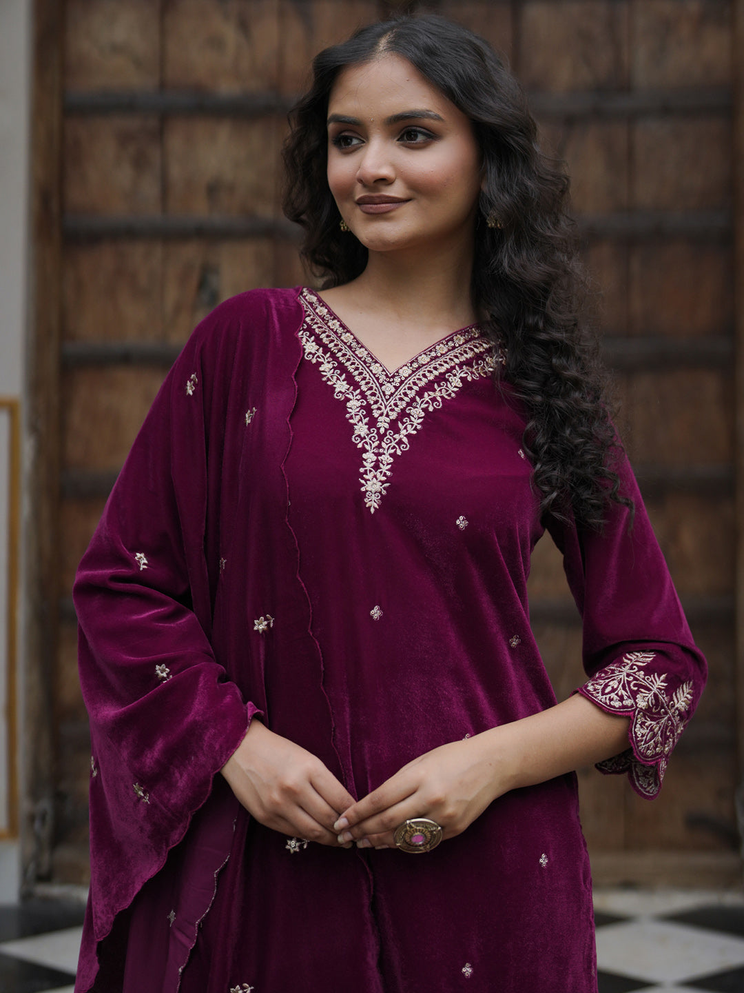 Indo Era Burgundy Embroidered Straight Kurta Trousers With Dupatta Set