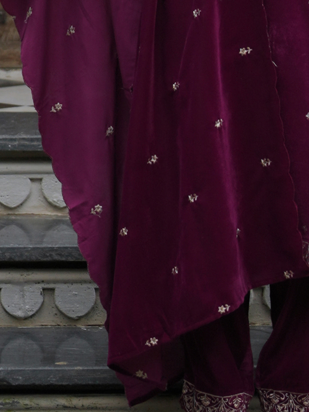 Indo Era Burgundy Embroidered Straight Kurta Trousers With Dupatta Set