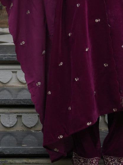Indo Era Burgundy Embroidered Straight Kurta Trousers With Dupatta Set