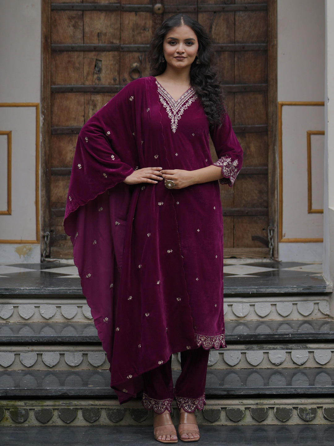 Indo Era Burgundy Embroidered Straight Kurta Trousers With Dupatta Set