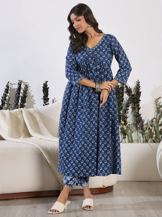 Indo Era Blue Printed A-Line Kurta Trousers set