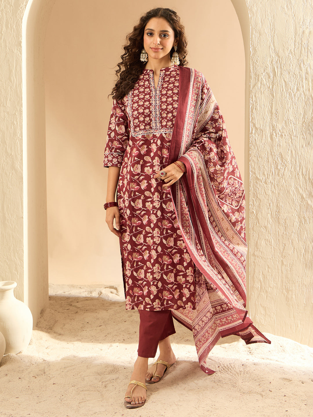 Maroon Printed Straight Kurta Trousers With Dupatta set