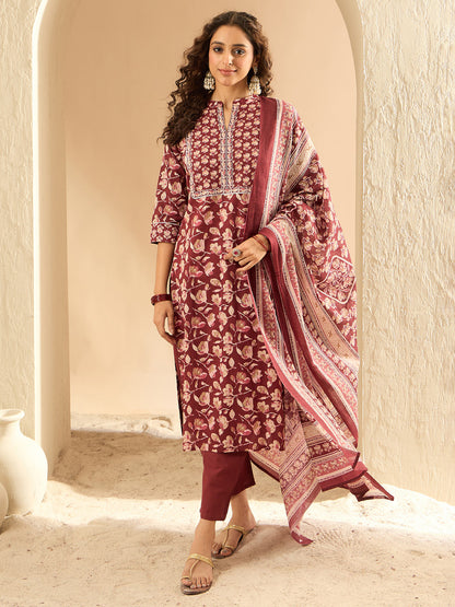 Maroon Printed Straight Kurta Trousers With Dupatta set