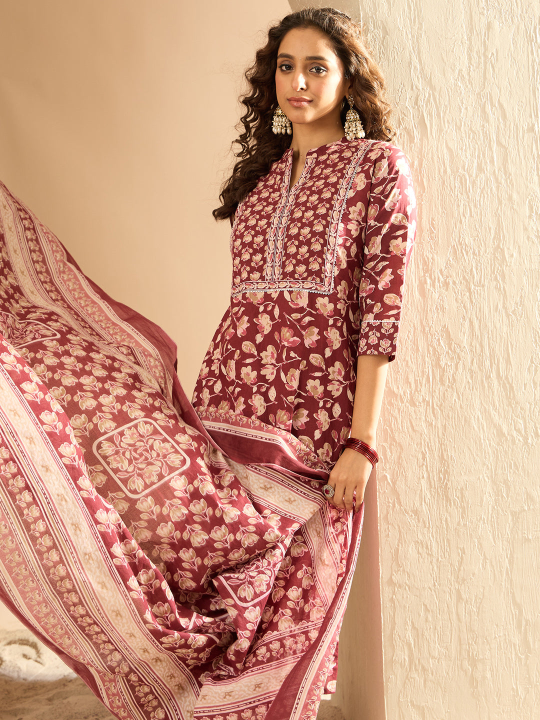 Maroon Printed Straight Kurta Trousers With Dupatta set