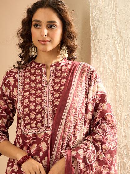 Maroon Printed Straight Kurta Trousers With Dupatta set
