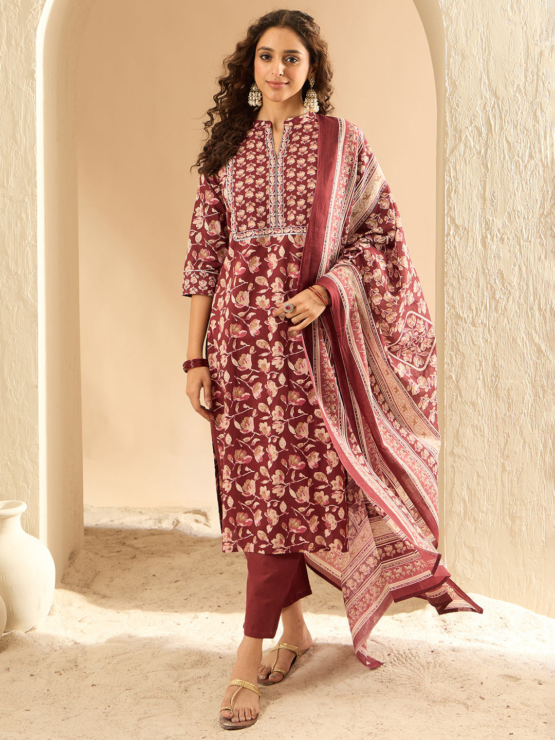 Maroon Printed Straight Kurta Trousers With Dupatta set