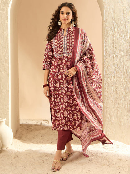 Maroon Printed Straight Kurta Trousers With Dupatta set