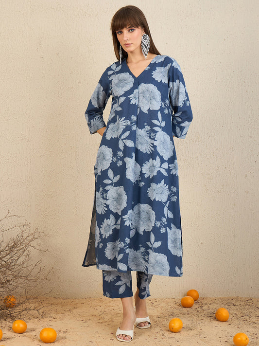 Indo Era Blue Printed A-Line Kurta Trousers set