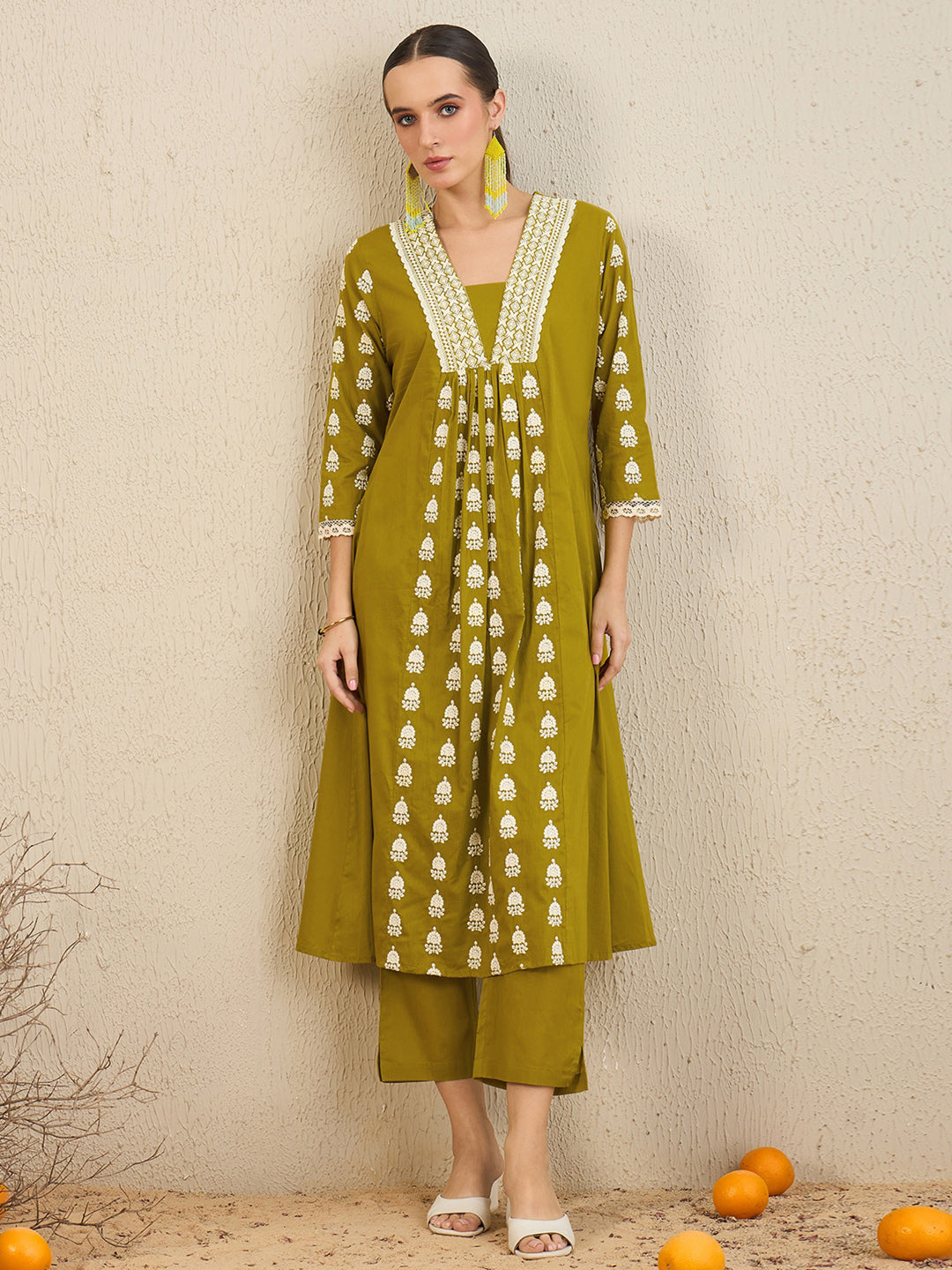 Indo Era Green Embroidered A-Line Kurta Trousers With Dupatta set
