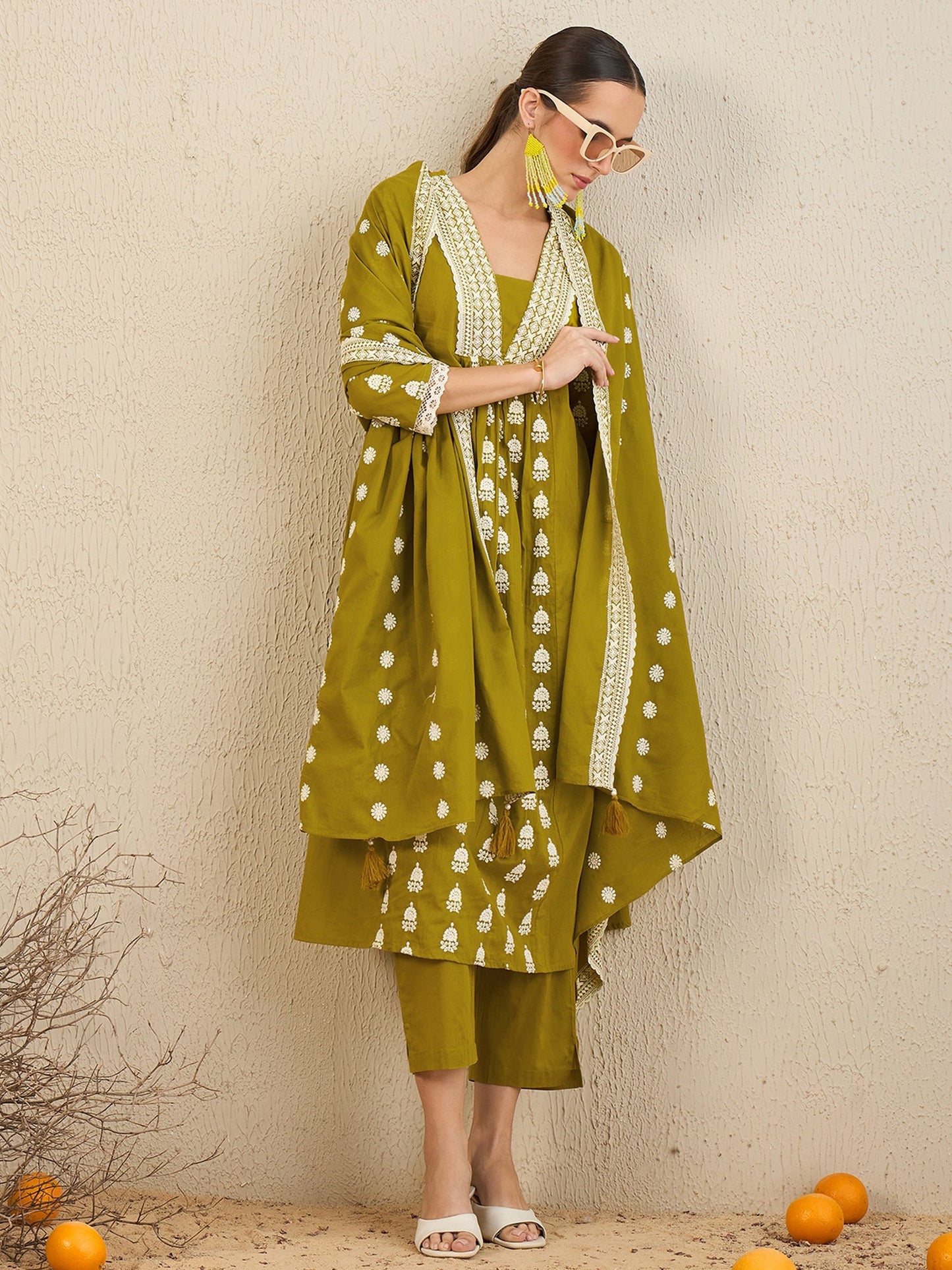 Indo Era Green Embroidered A-Line Kurta Trousers With Dupatta set