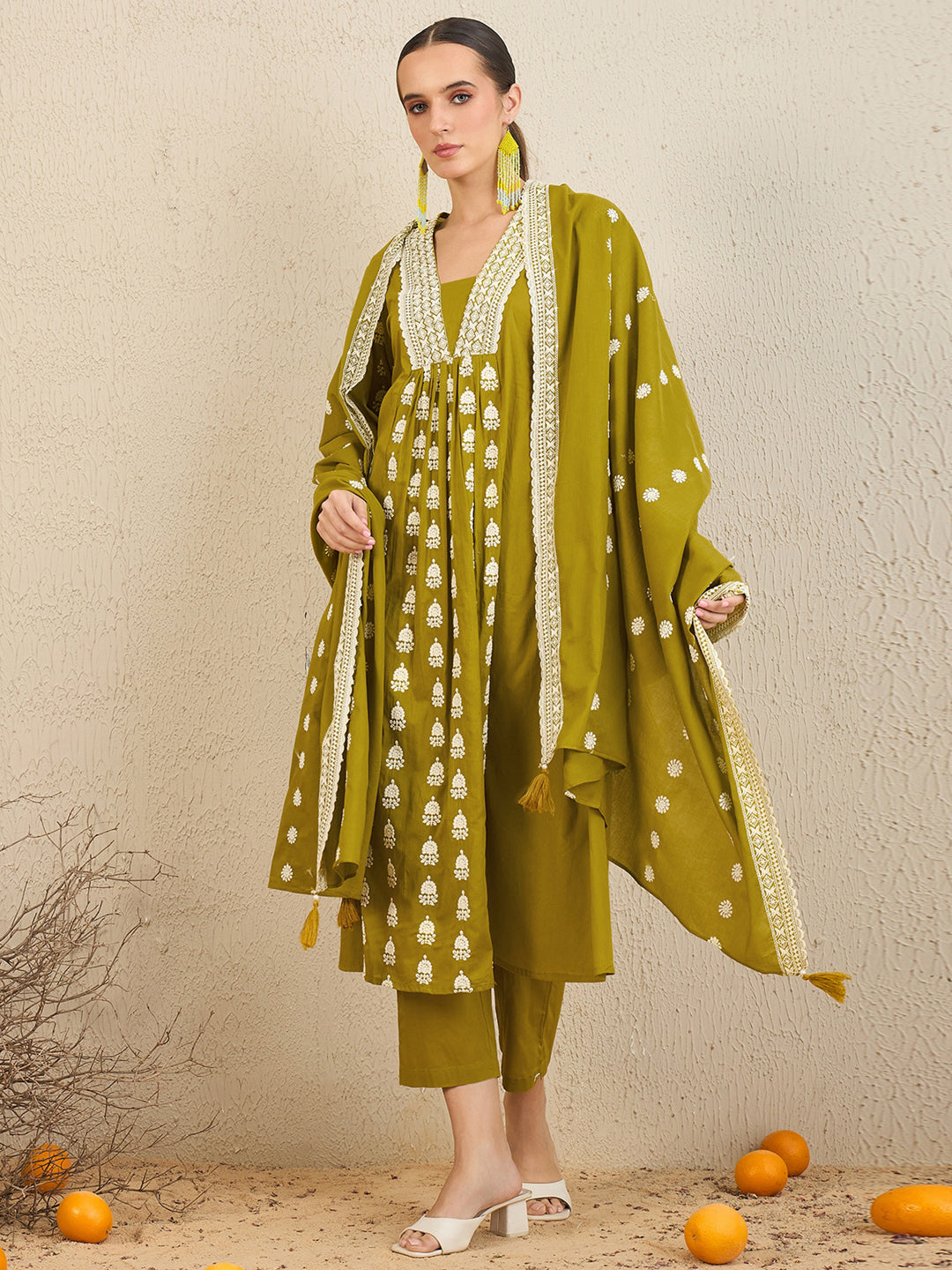Indo Era Green Embroidered A-Line Kurta Trousers With Dupatta set