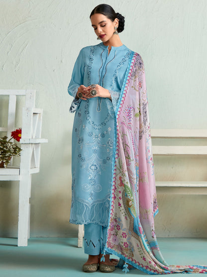 Indo Era Blue Embroidered Straight Kurta Trousers With Dupatta set