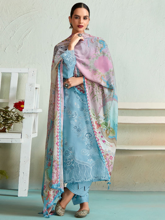 Indo Era Blue Embroidered Straight Kurta Trousers With Dupatta set