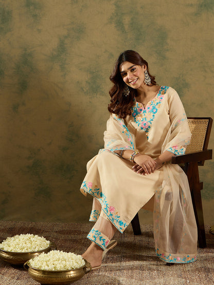 Indo Era Cream Embroidered Straight Kurta Trousers With Dupatta Set