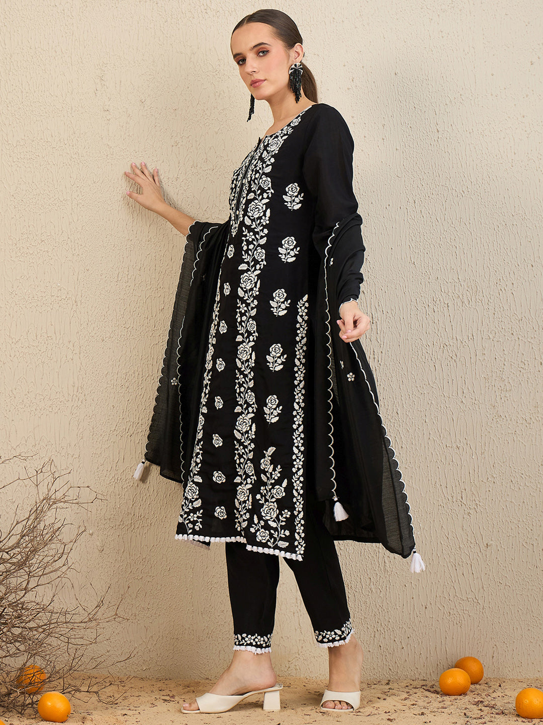 Indo Era Black Embroidered Straight Kurta Trousers With Dupatta set