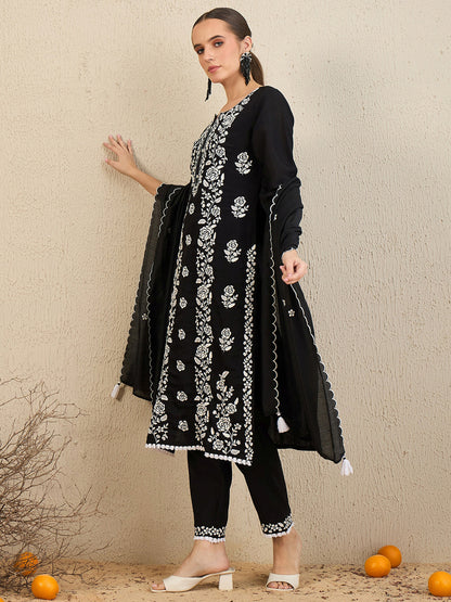 Indo Era Black Embroidered Straight Kurta Trousers With Dupatta set