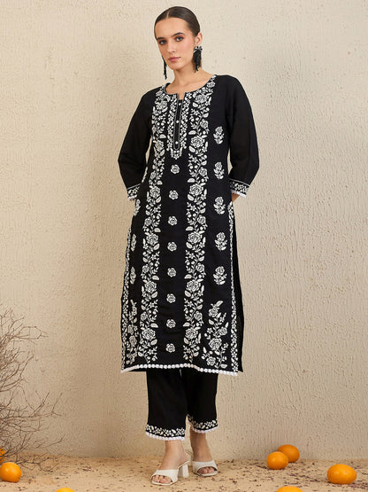 Indo Era Black Embroidered Straight Kurta Trousers With Dupatta set