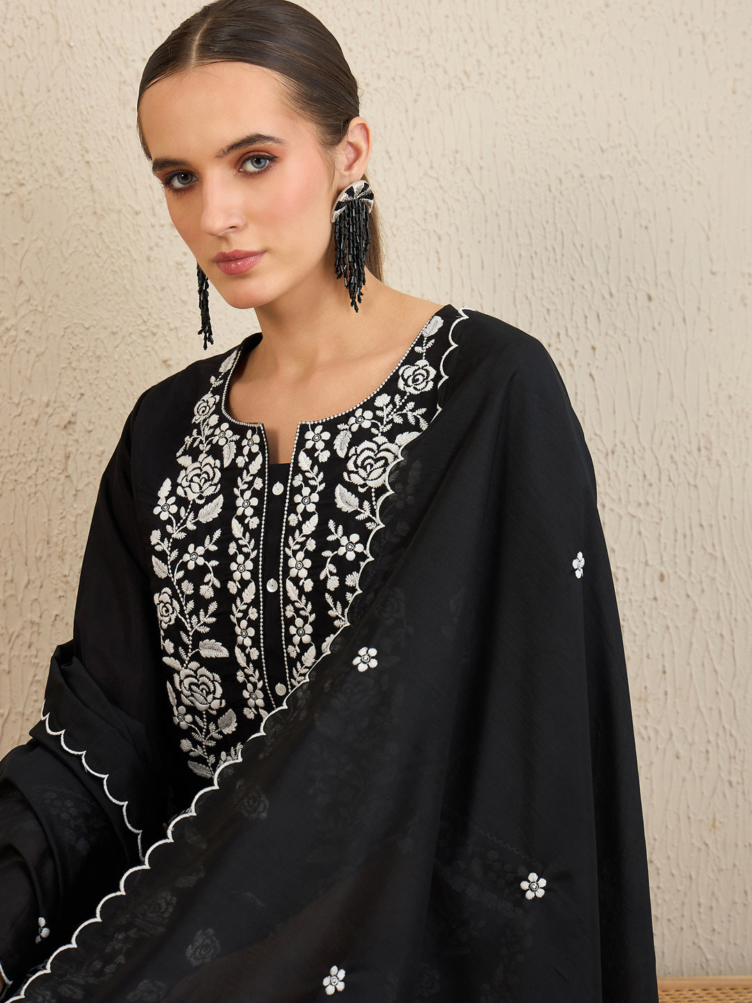 Indo Era Black Embroidered Straight Kurta Trousers With Dupatta set