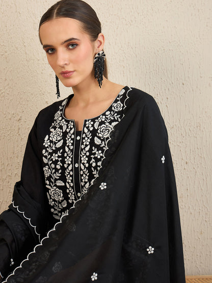 Indo Era Black Embroidered Straight Kurta Trousers With Dupatta set
