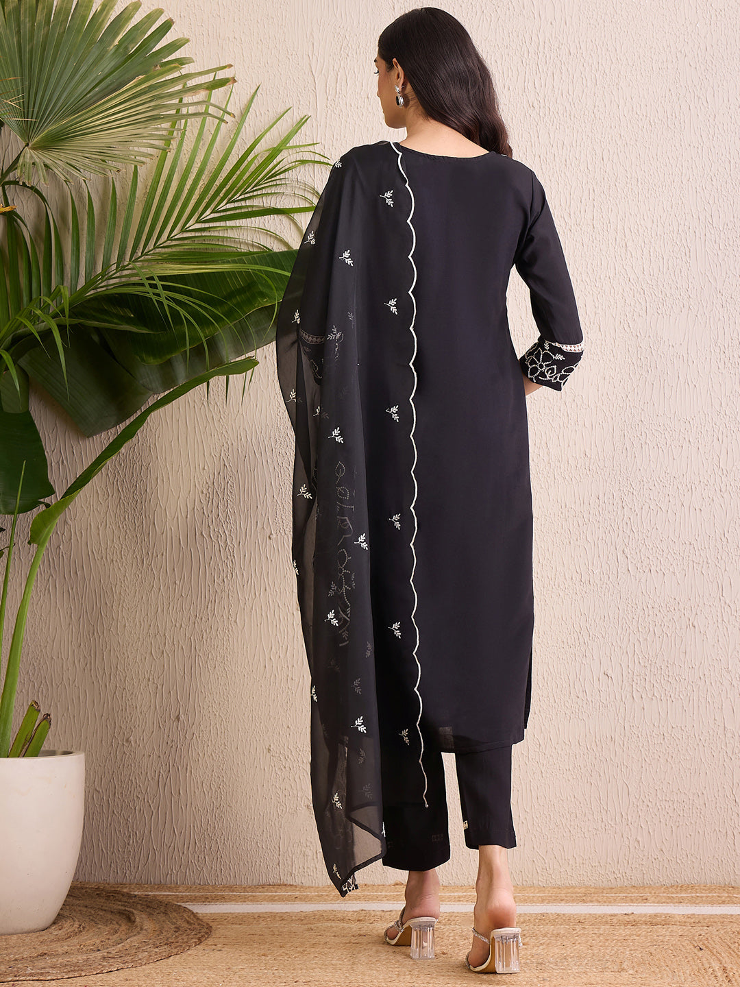 Indo Era Black Embroidered Straight Kurta Trousers With Dupatta Set