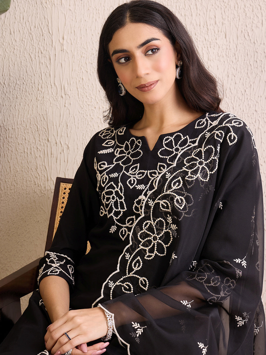 Indo Era Black Embroidered Straight Kurta Trousers With Dupatta Set