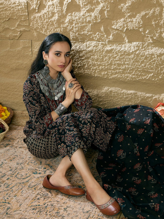 Indo Era Black Printed Straight Kurta Trousers With Dupatta Set