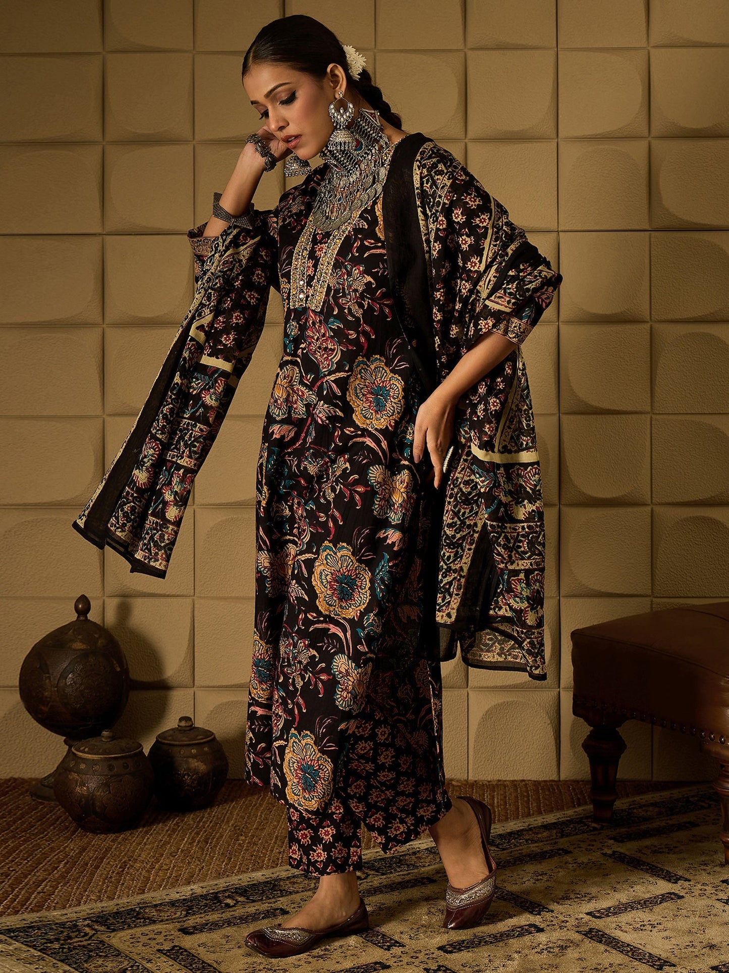 Indo Era Black Printed Straight Kurta Trousers With Dupatta Set