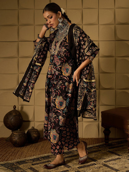 Indo Era Black Printed Straight Kurta Trousers With Dupatta Set