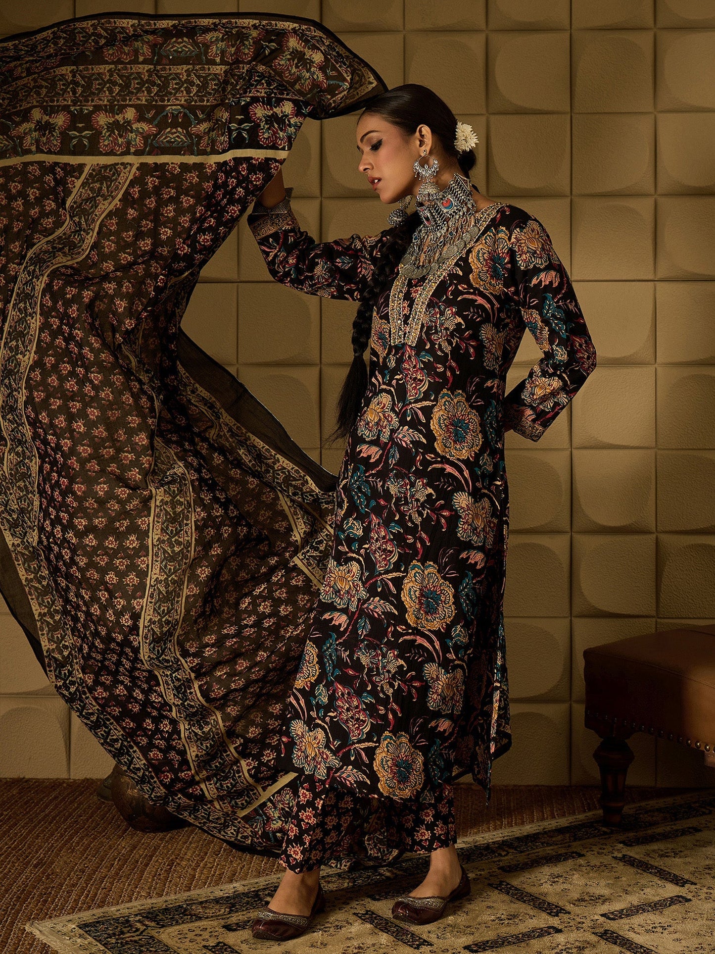 Indo Era Black Printed Straight Kurta Trousers With Dupatta Set