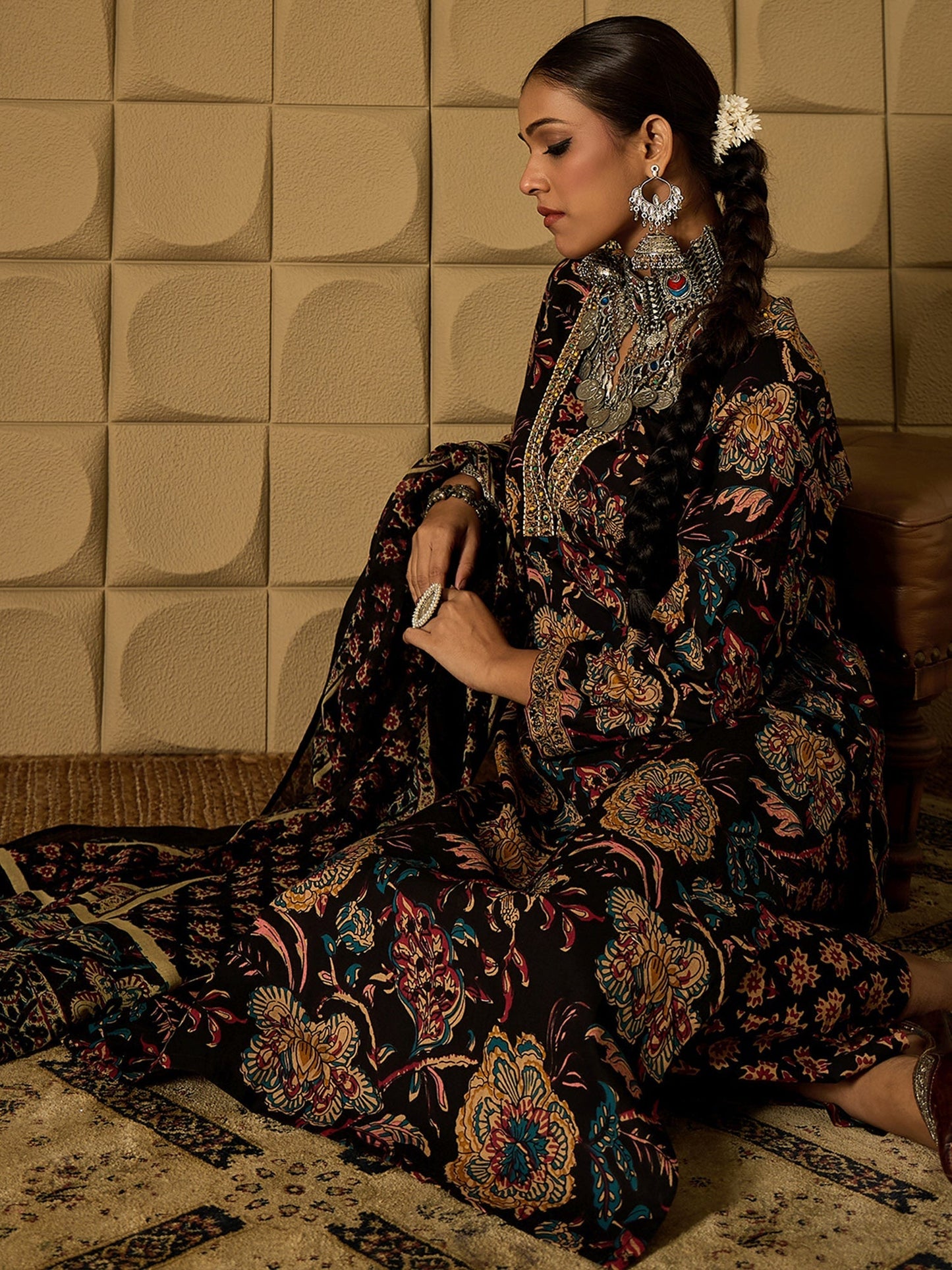 Indo Era Black Printed Straight Kurta Trousers With Dupatta Set