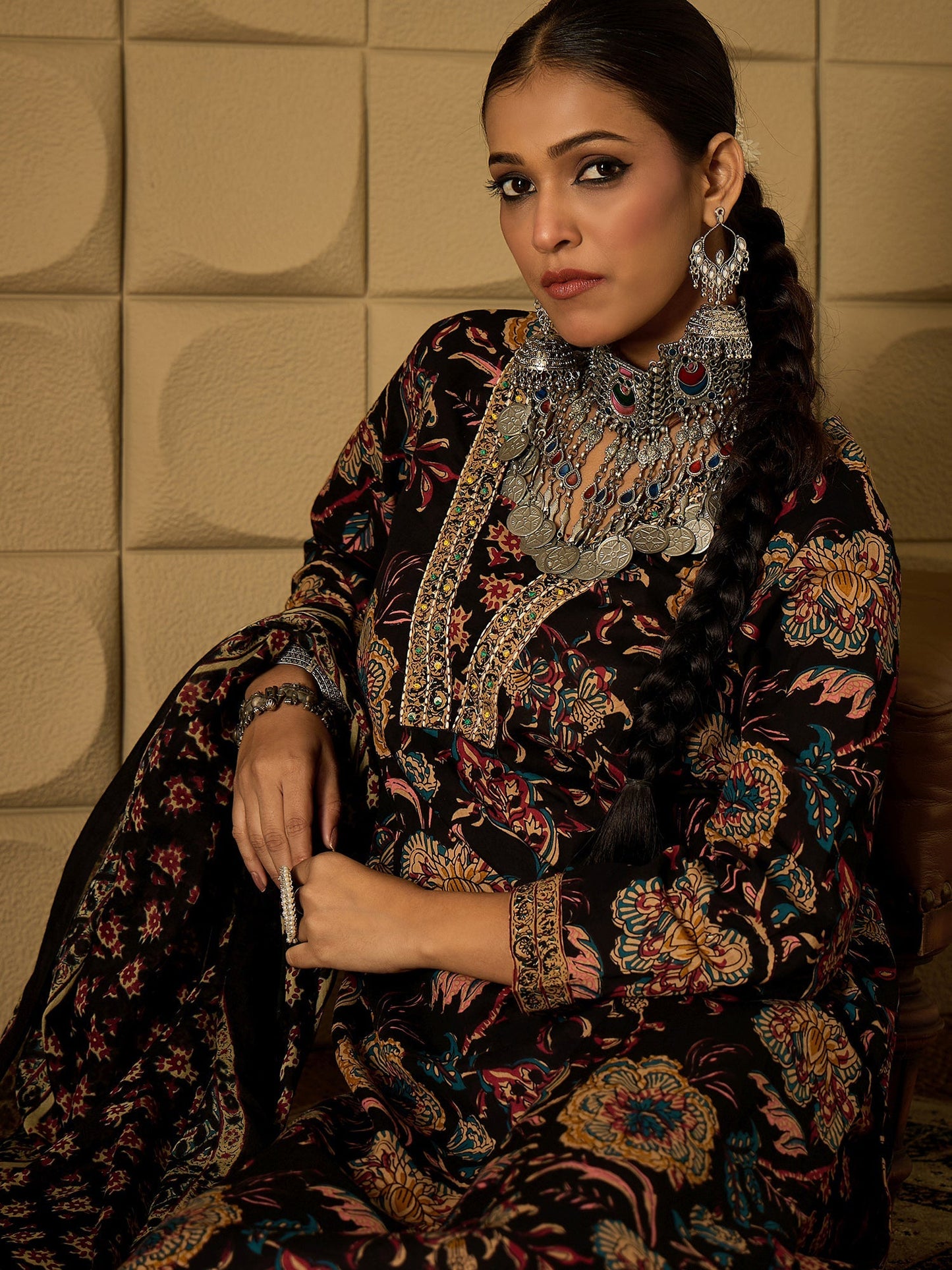 Indo Era Black Printed Straight Kurta Trousers With Dupatta Set