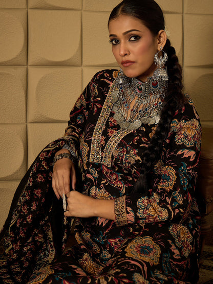Indo Era Black Printed Straight Kurta Trousers With Dupatta Set