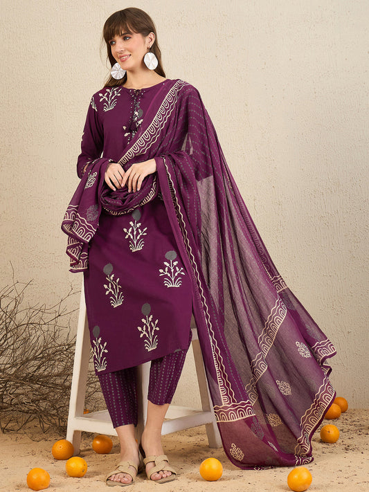 Indo Era Burgundy Printed Straight Kurta Trousers With Dupatta Set