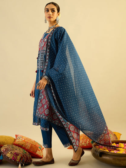 Indo Era Blue Printed Straight Kurta Trousers With Dupatta Set