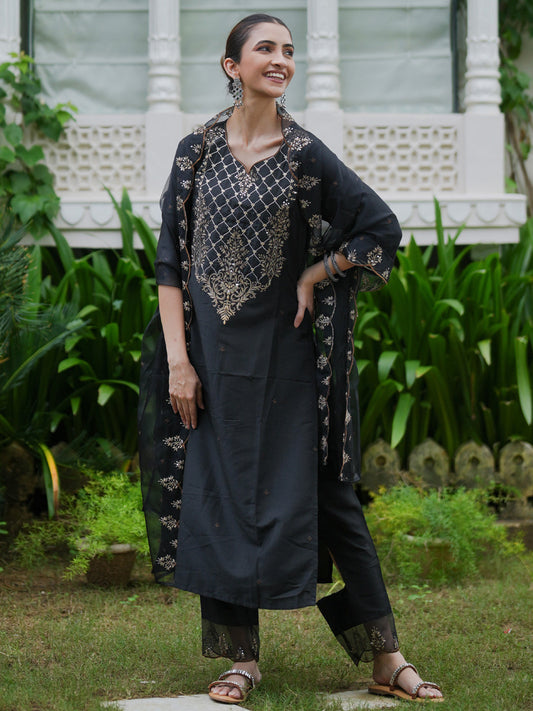 Indo Era Black Embroidered Straight Kurta Trousers With Dupatta Set