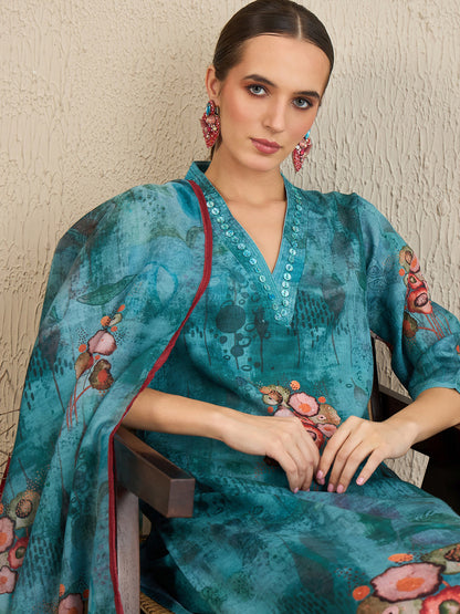 Indo Era Green Printed Straight Kurta Trousers With Dupatta Set
