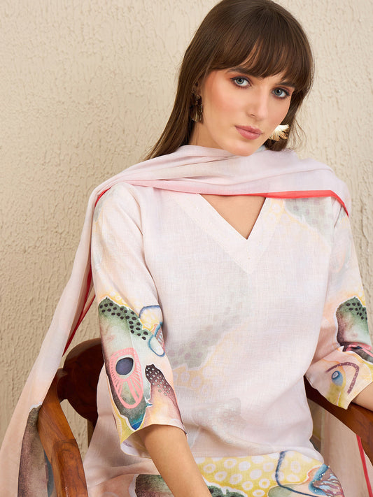 Indo Era Cream Printed Straight Kurta Trousers With Dupatta Set