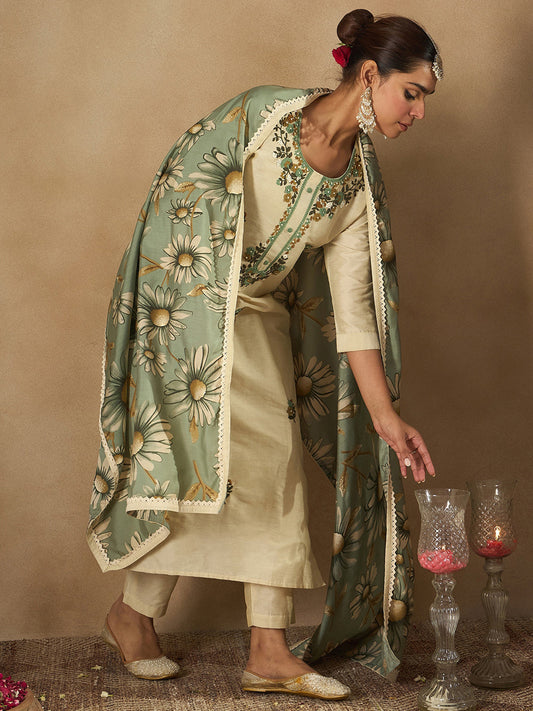 Indo Era Cream Embroidered Straight Kurta Trousers With Dupatta Set