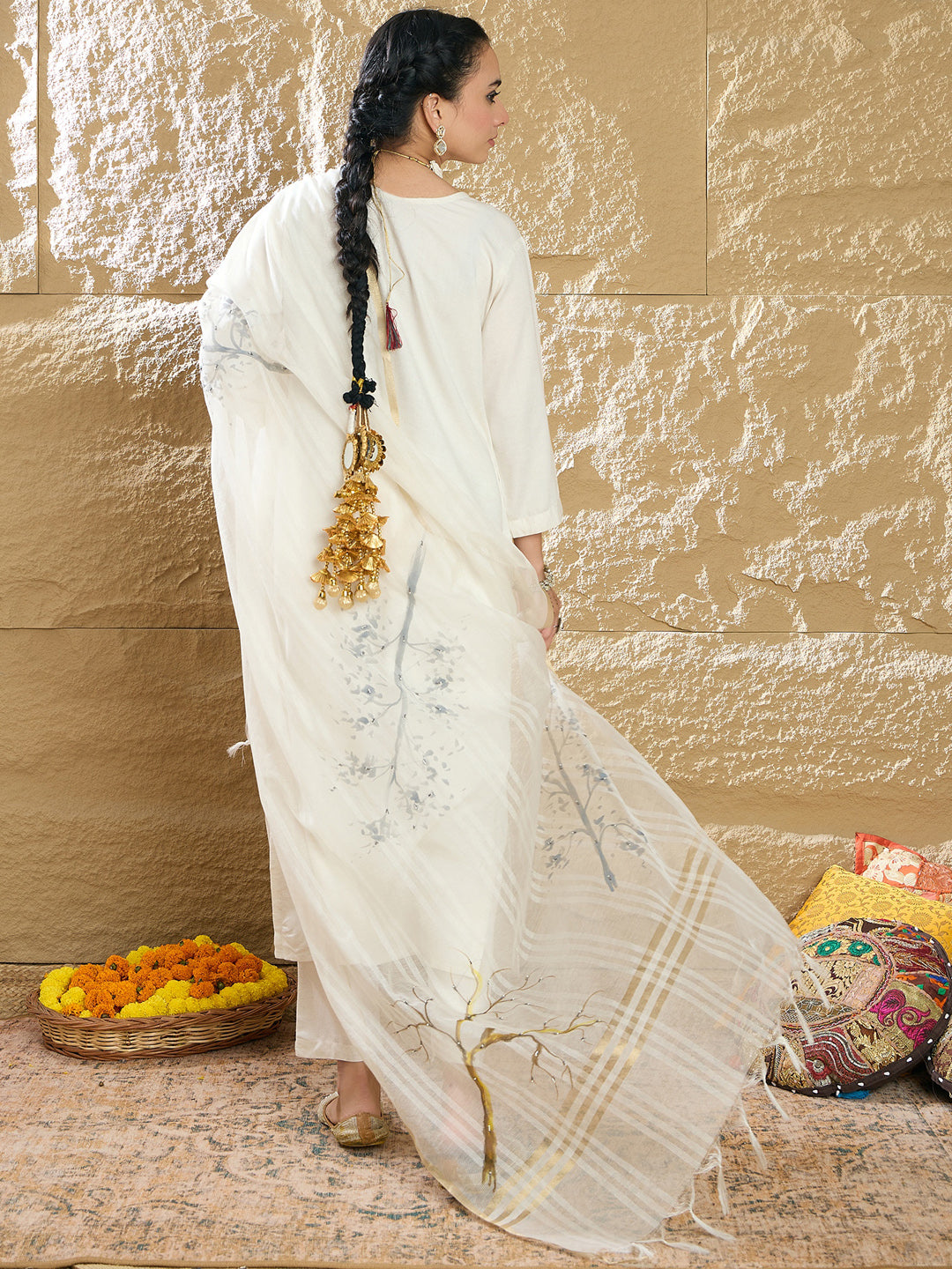 Indo Era Cream Embroidered Straight Kurta Trousers With Dupatta Set