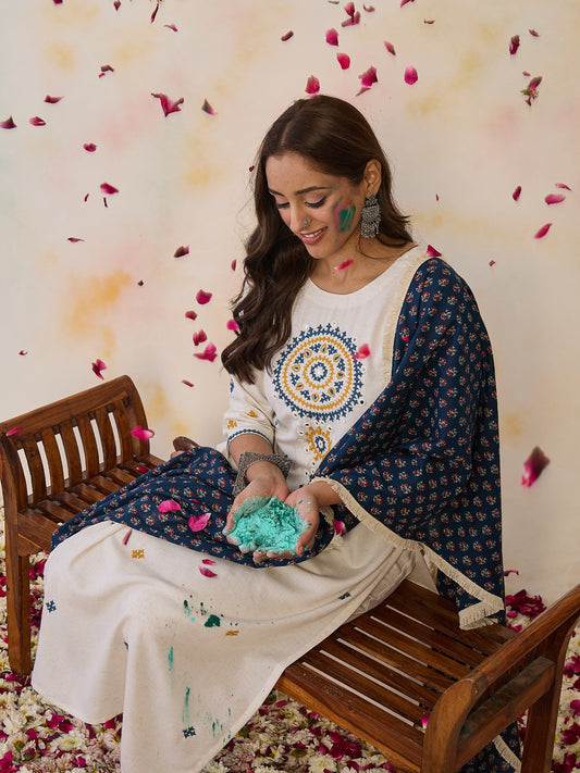 Indo Era Cream Embroidered Straight Kurta Trousers With Dupatta Set