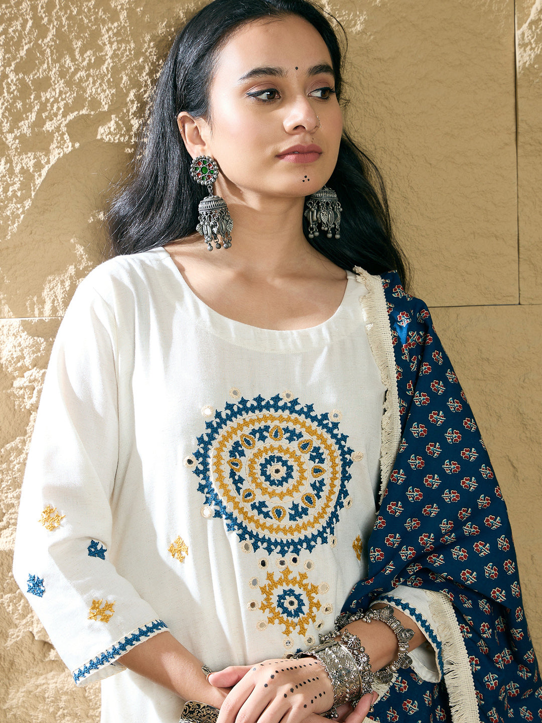 Indo Era Cream Embroidered Straight Kurta Trousers With Dupatta Set